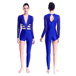 Women Shiny Rhinestones Mesh Asymmetrical Dance Jumpsuit Ballet Gymnastics Figure Skating Acrobatics Yoga Performance Bodysuit