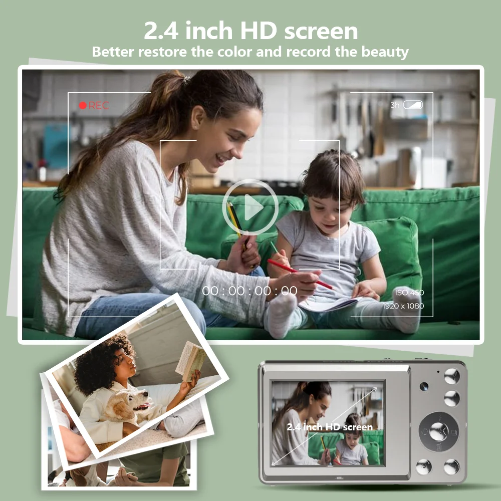 Câmera digital HD com câmera dupla frontal e traseira com cordão, três cores, câmera portátil para esportes ao ar livre