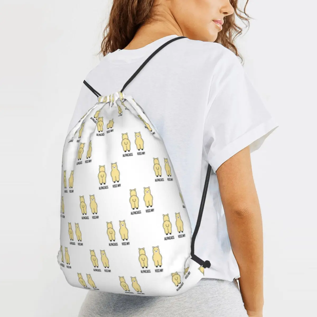 Sided Kiss My Alpacass Funny Alpaca Llama Backpacks Portable Drawstring Bundle Pocket Sundries Bag Book Bags for Travel Students