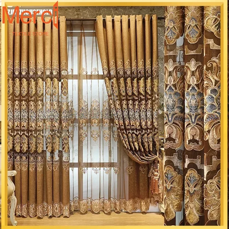

European Luxury Villa Curtains For Living Dining Room Bedroom Balcony Floor Window High-grade Chenille Large Hollow Embroidery