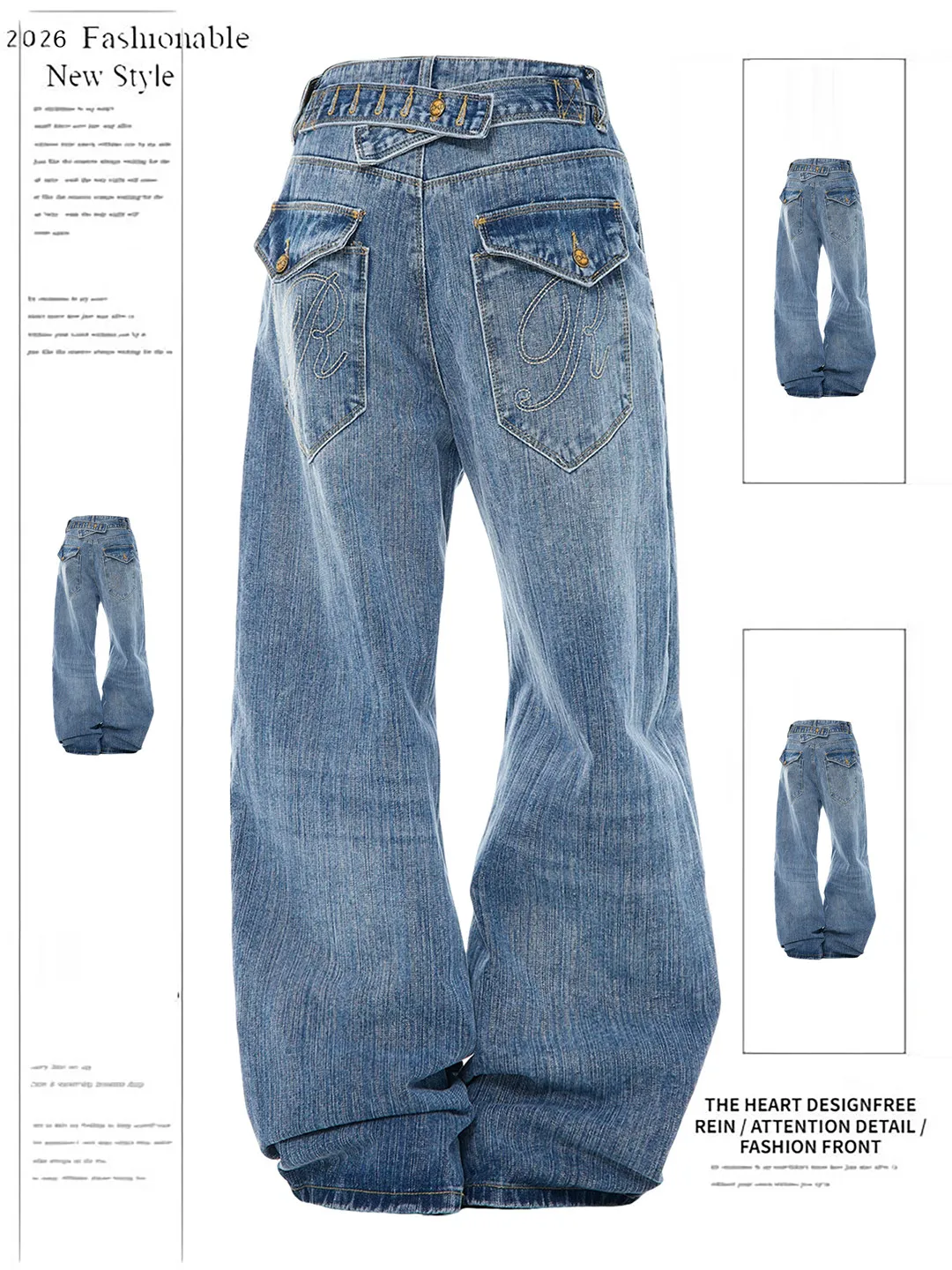 

American Retro Bamboo Node Jeans Women's Loose Casual Washed Straight Leg Wide Leg Long Pants Spring Season High Waist Denim