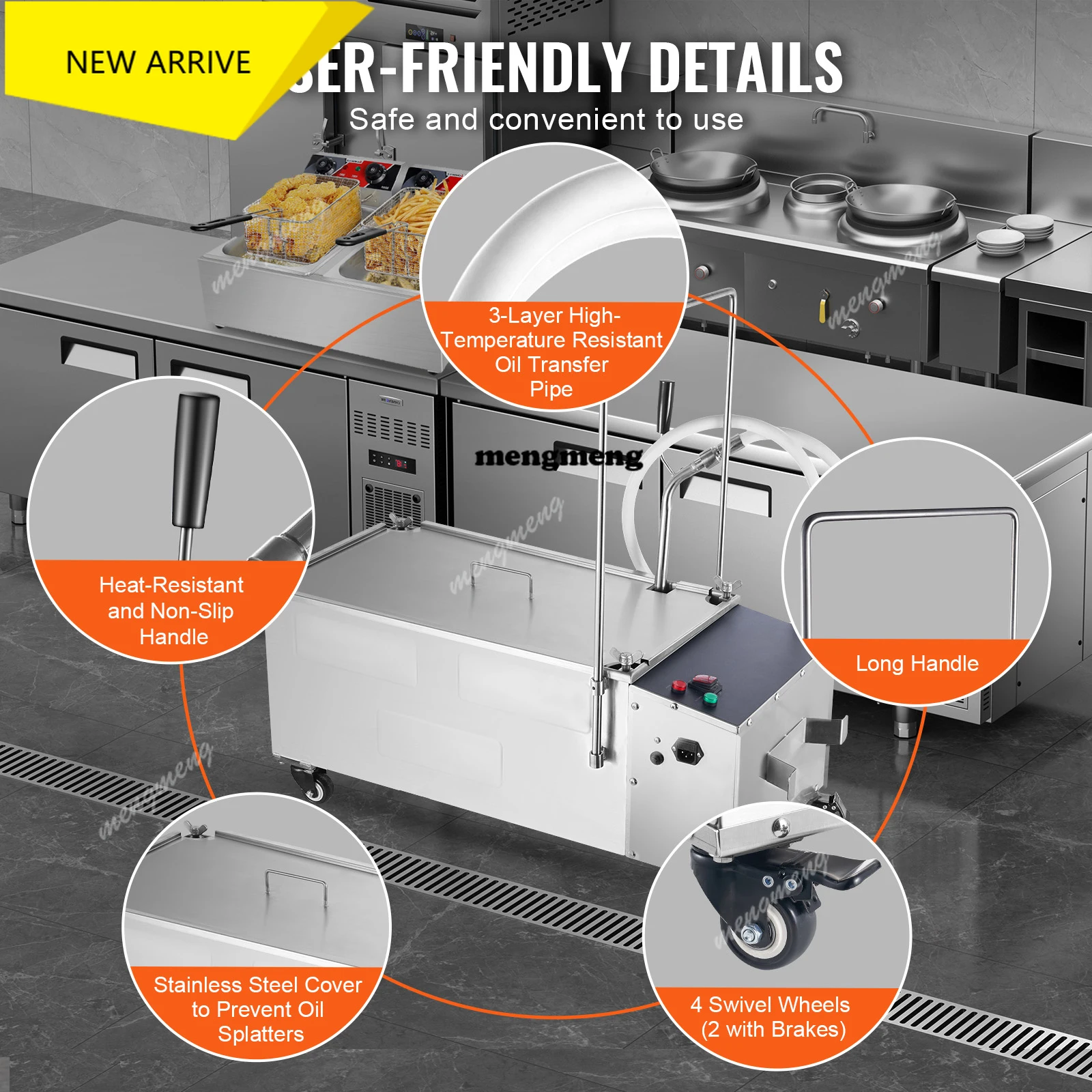 Mobile Fryer Filter Oil Filtration System with10L/min Oil Filtration Speed and Swivel Wheels Oil Hose for Burger Stores