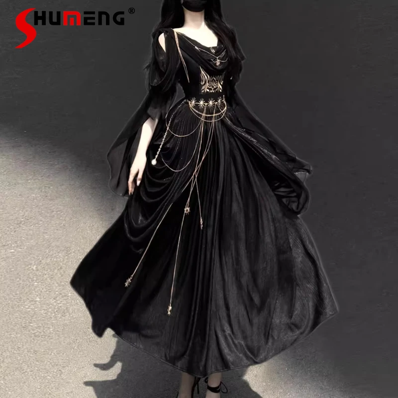 

Original Lolita Black Gothic Off-Shoulder Long Dresses Op New 2025 Women's Sweet Slim Fit Elegant Vintage Dress with Waist Chain