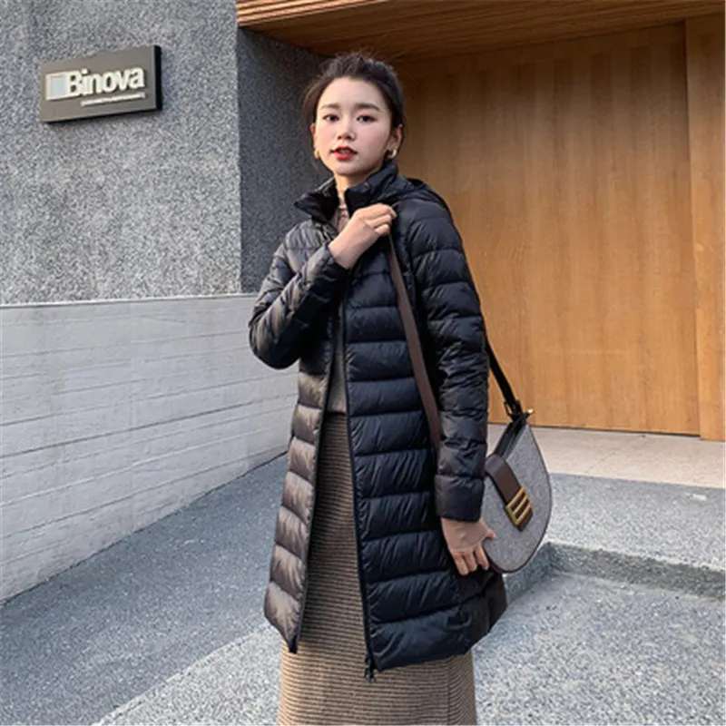 2023 Women\'s Duck Down Coat Thin Medium Hoodie Light Weight Jacket Autumn Fall Spring Jacket Clothes Candy Color