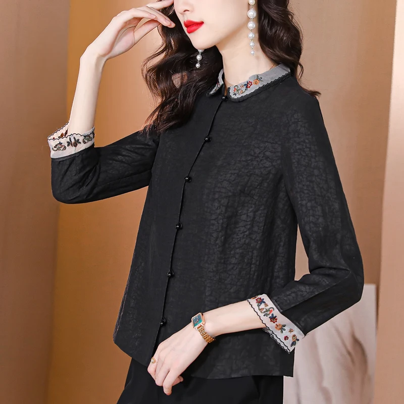 中国風上雲シルクシャツ レディース 初秋 2025 新作 レトロ 九分袖 唐装 中年ママトップス