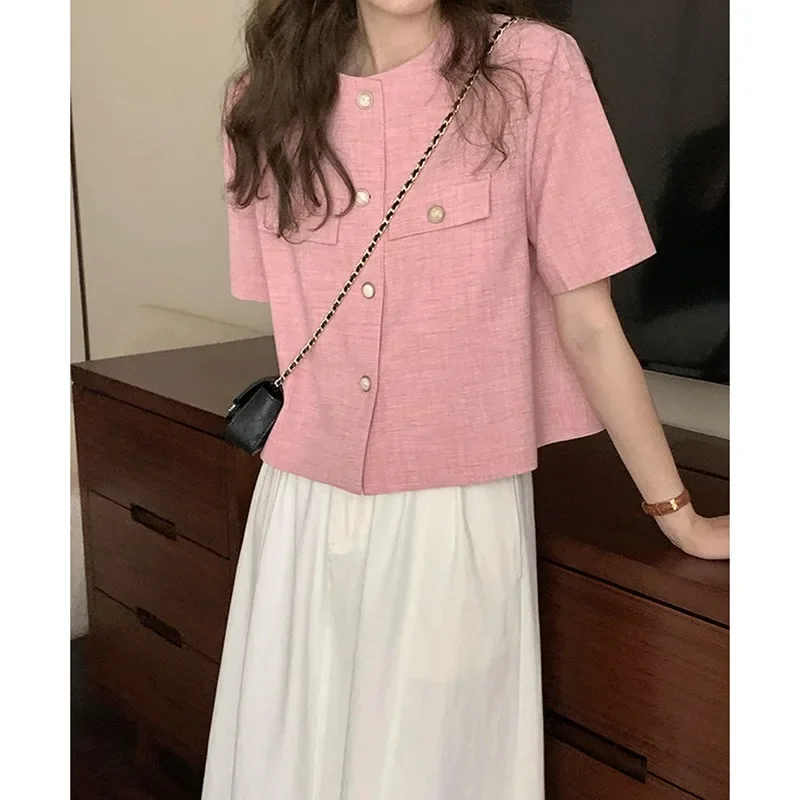 New Green Summer Thin Coat Women Short Sleeve O-neck Single Breasted Buttons Casual Loose Tops Elegant Cardigan Korean Fashion