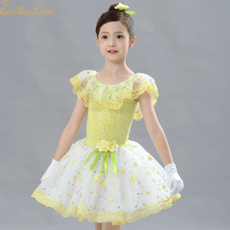 

Girls Ballet Tutu Dress Sequins Lotus Leaf Collar Ballet Dress Ballerina Costume Women Stage Performance Dancewear For Children