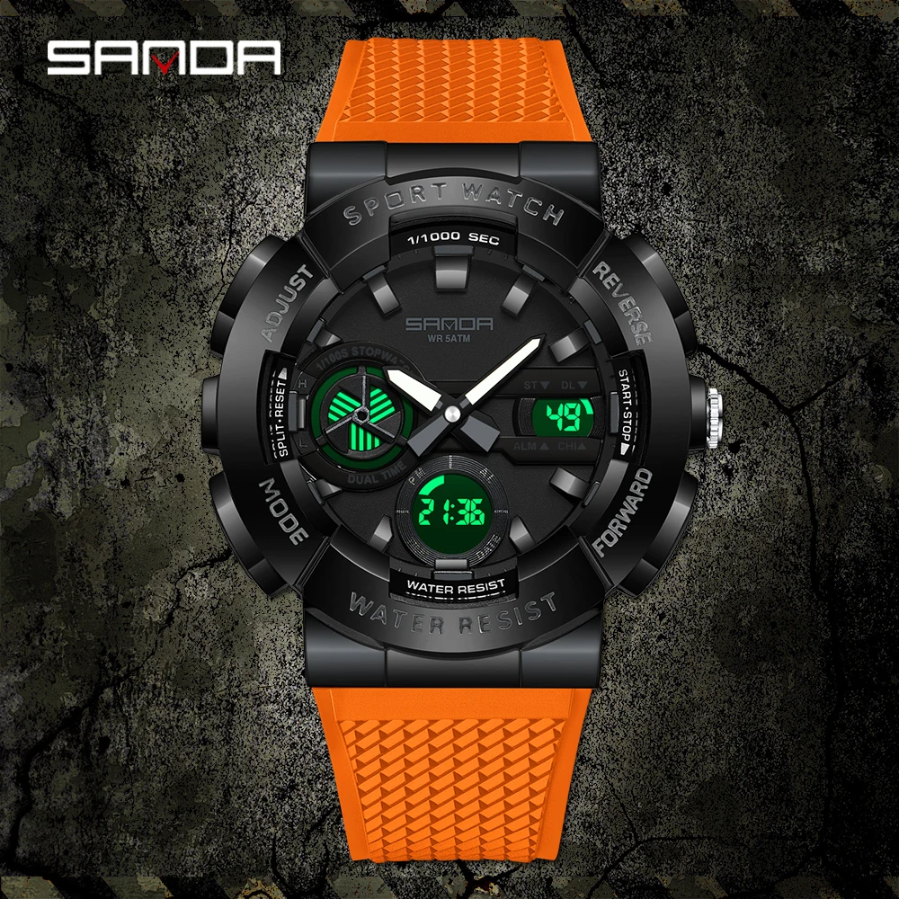 SANDA 2025 جديد 3365 ساعة إلكترونية عصرية للرجال مع شاشات مزدوجة مقاومة للماء ضوء ليلي LED ساعة إلكترونية للرجال #5