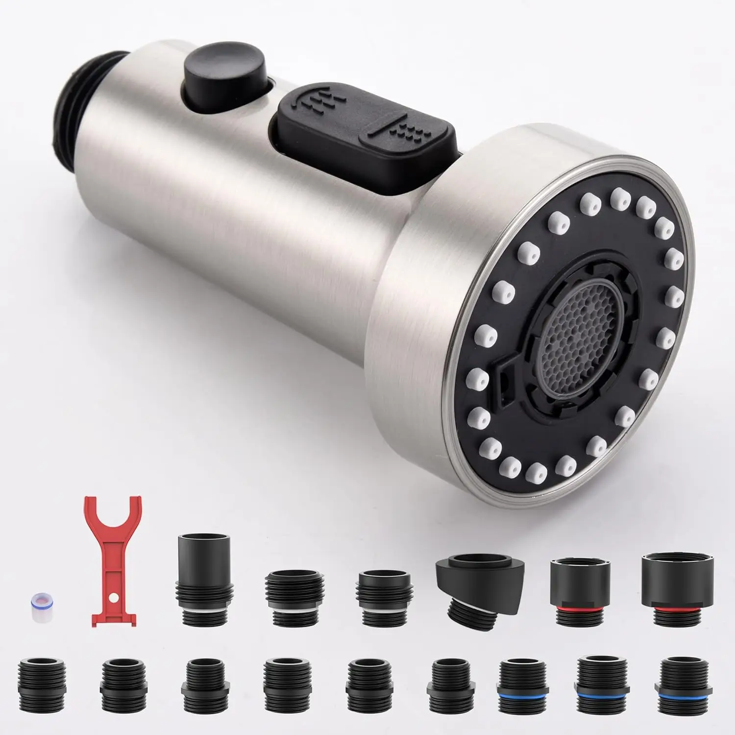 

3 Function Pull Down Kitchen Faucet Sprayer Head with 15 Adapters, Brushed Nickel