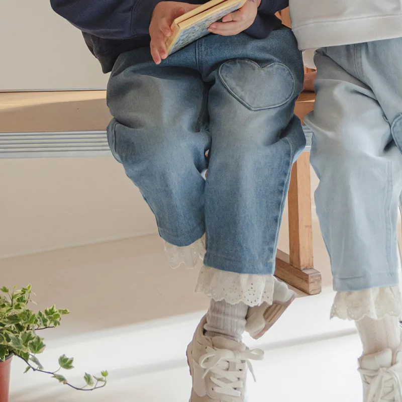 Girls Jeans 26 Fall Winter New Sweet Elastic Waist Lace Trim Casual Kids Pants Cotton Soft Warm Love Girls Denim Straight Pants