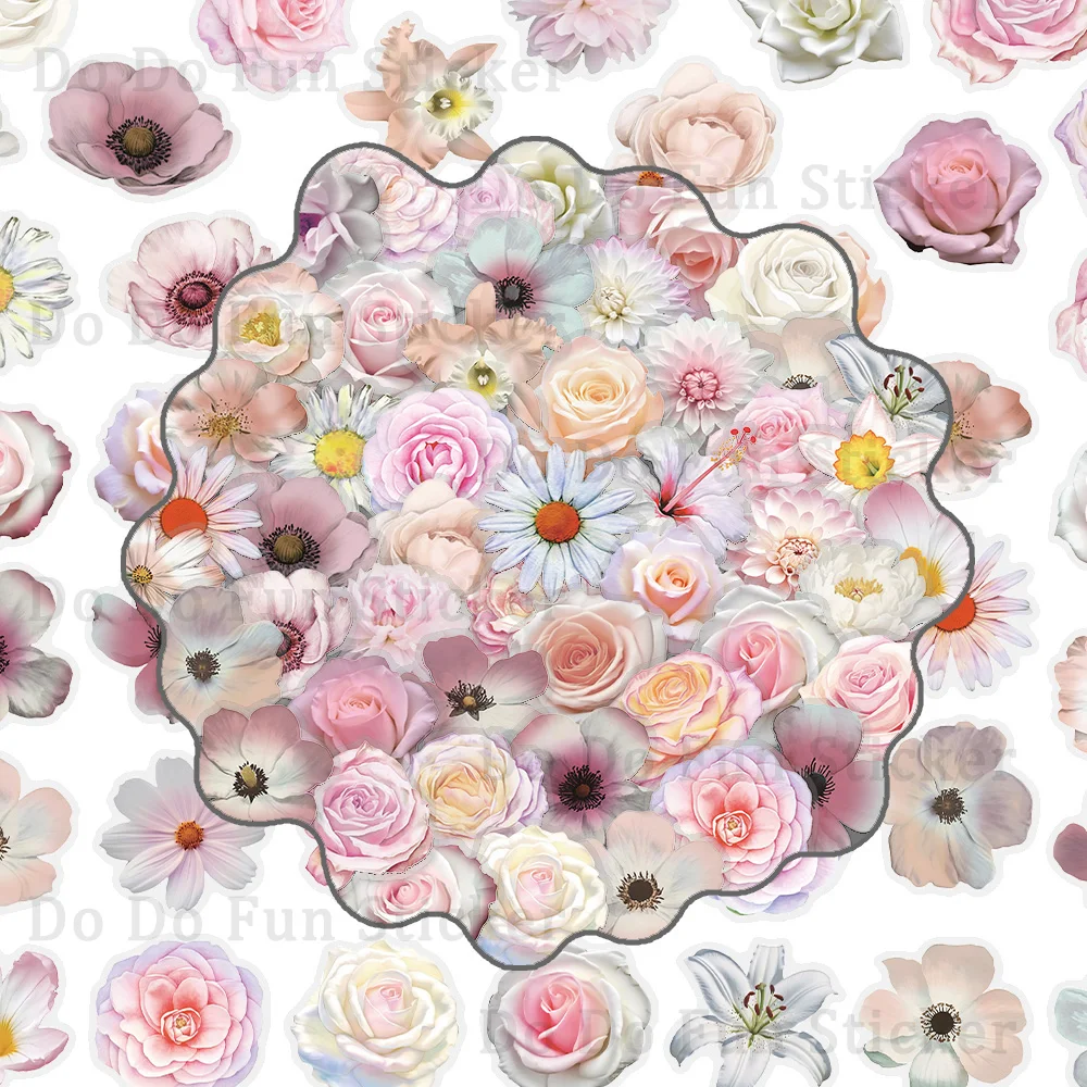 50 Stück bunte schöne rosa Blumen-Kunst-PET-Aufkleber, wasserdicht, ölbeständig, transparent, hochwertige personalisierte DIY-Buch-Telefonhülle