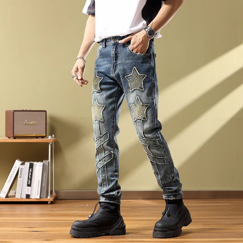 High quality jeans  men's patchwork slim fitting small straight leg pants embroidered pants mens denim  cargo jeans clothing