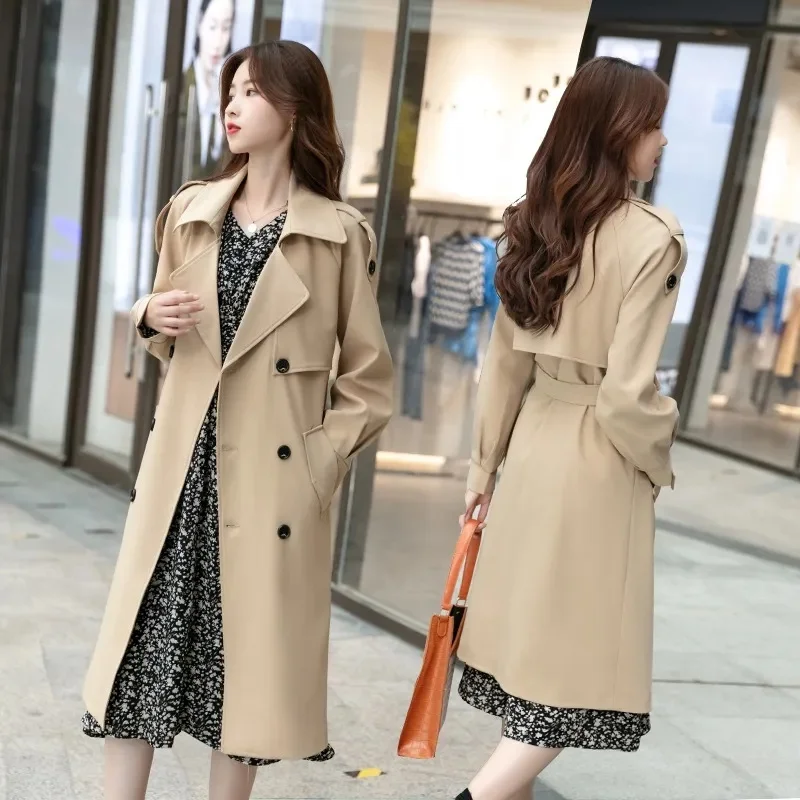 

Loose Retros Double Breasted Black Khaki Windbreaker Women 2025 Autumn Fashion Design Vintage Tunic Sashes Casual Long Coat