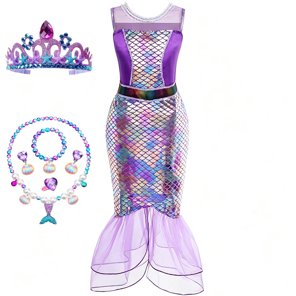 Mädchen Meerjungfrauen-Kostüm-Set mit Zauberstab, Krone, Halskette und Haarreif für Halloween, Karneval, Geburtstagsfeier, Geschenk – Detail 9