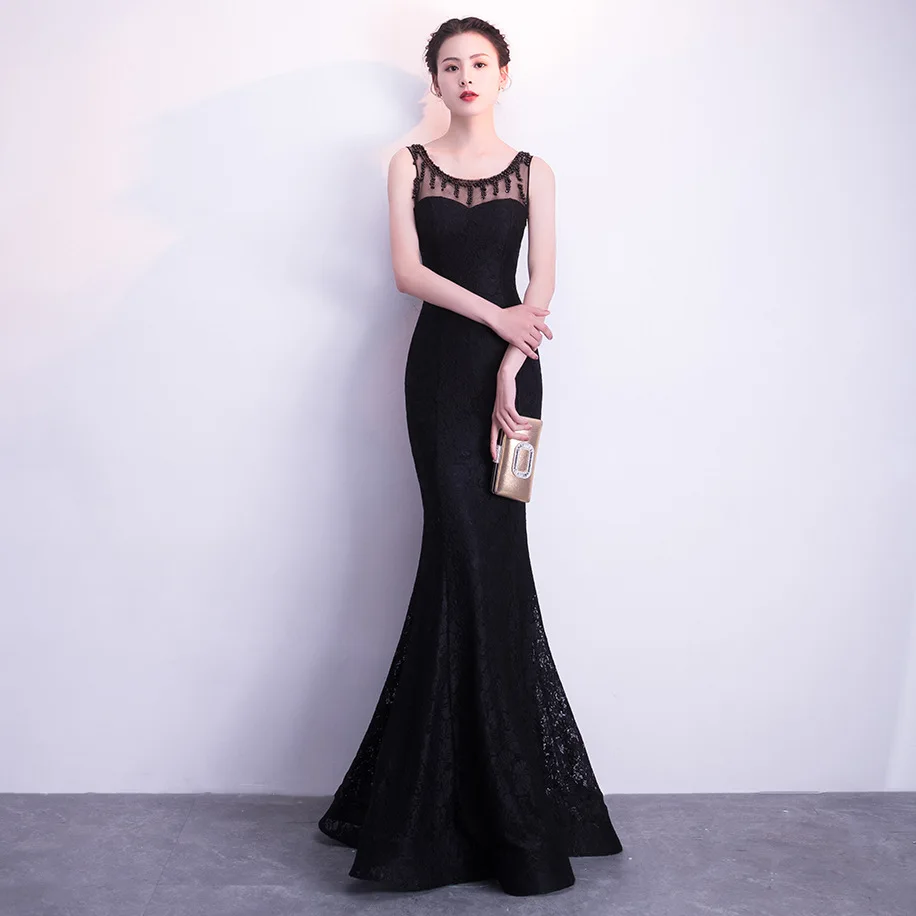 Summer New Net Celebrity Toast Clothes Car Model Banquet Birthday Lace Slim Back Hollow Sexy Long Skirt Dress Evening Dress