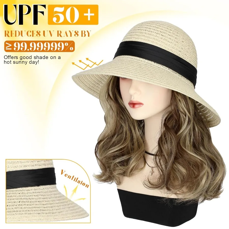 Sonnenhut mit Haarverlängerungen für Damen, Sommer: faltbarer Strandhut aus Stroh mit breiter Krempe und befestigtem 9-Wellen-Synthetik-Haarteil UPF