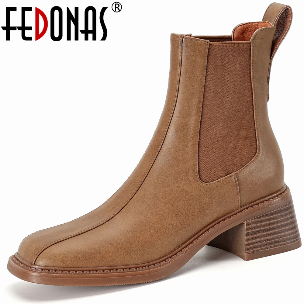 

FEDONAS 2023 Newest Women Genuine Leather Ankle Boots Square Toe Thick Heels Shoes Woman Office Lady Autumn Winter Concise Basic