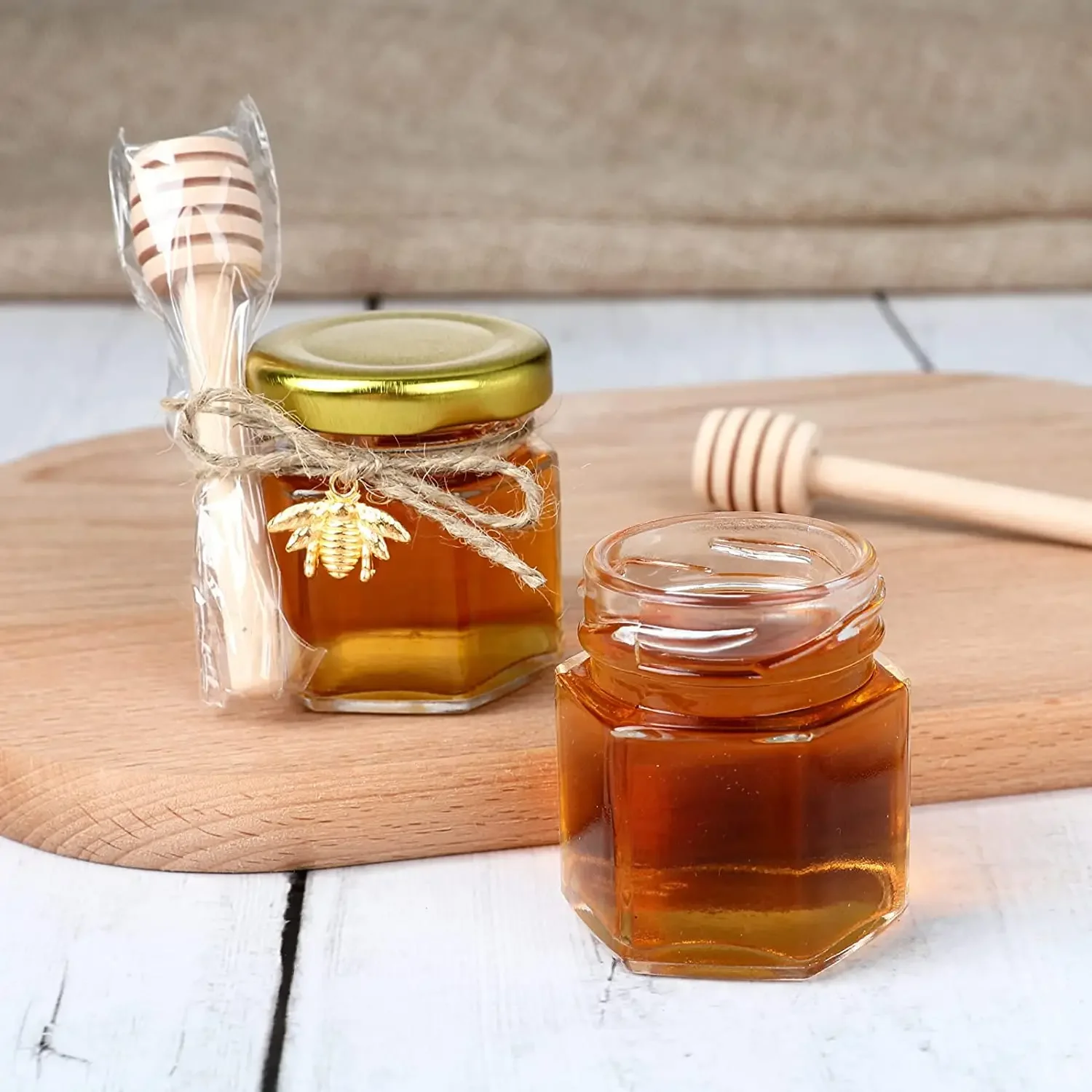 20 Pack Honey Glass Hexagonal Party Favors Empty Small Bee Pendants Gold Lid Mini Hexagons Glass Honey Jar with Wooden Dipper