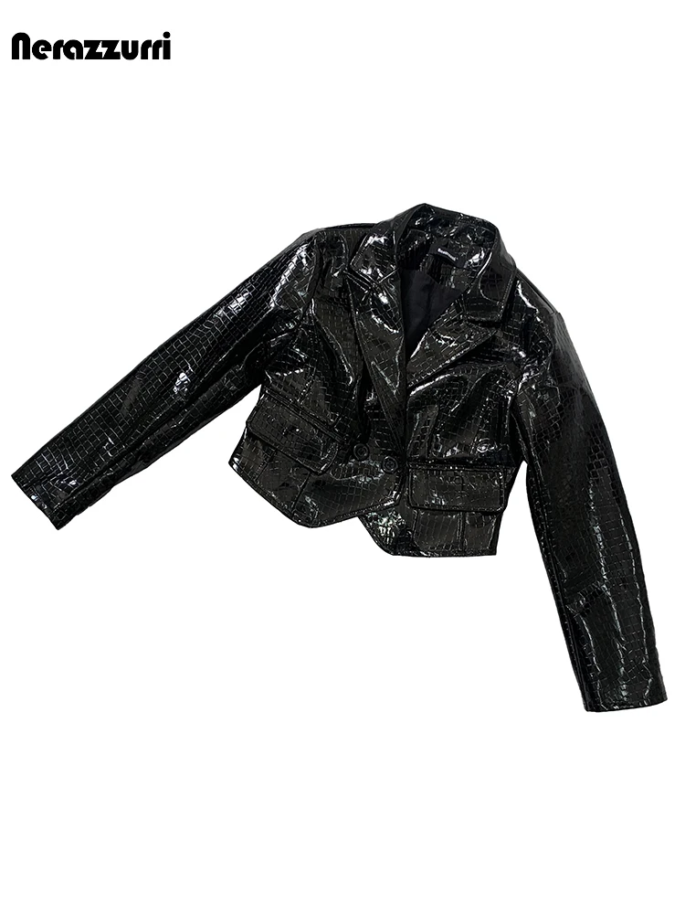 Nerazzurri Primavera Autunno Breve Lucido Riflettente Nero Coccodrillo Stampa Pu Giacca in Pelle da Donna Elegante Chic Vestiti 2025