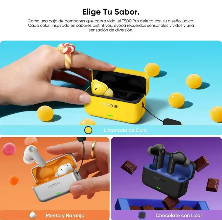 Auriculares – realme Buds T500 Pro, Cancelación Activa de Ruido de 50dB, 6 Micrófonos con IA, Bluetooth 6.1 Multipunto, Traductor IA 30+ Idiomas, Batería 56h, IP55 6