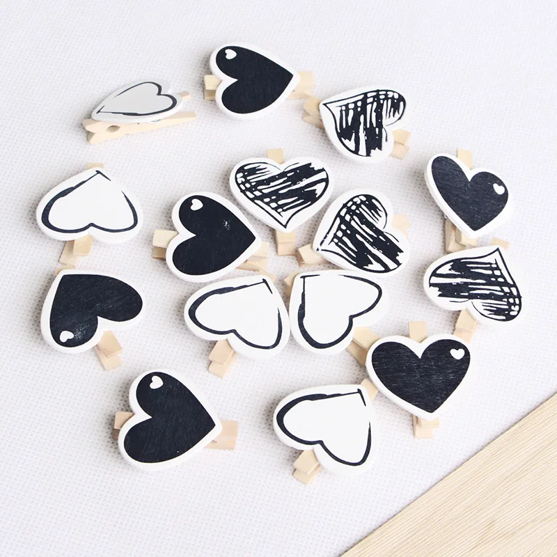 45x7mm/5pcs Wooden Black Love Heart Photo Clips Memo Label Paper Peg Clothespin Stationery Christmas Wedding Party Craft Decor