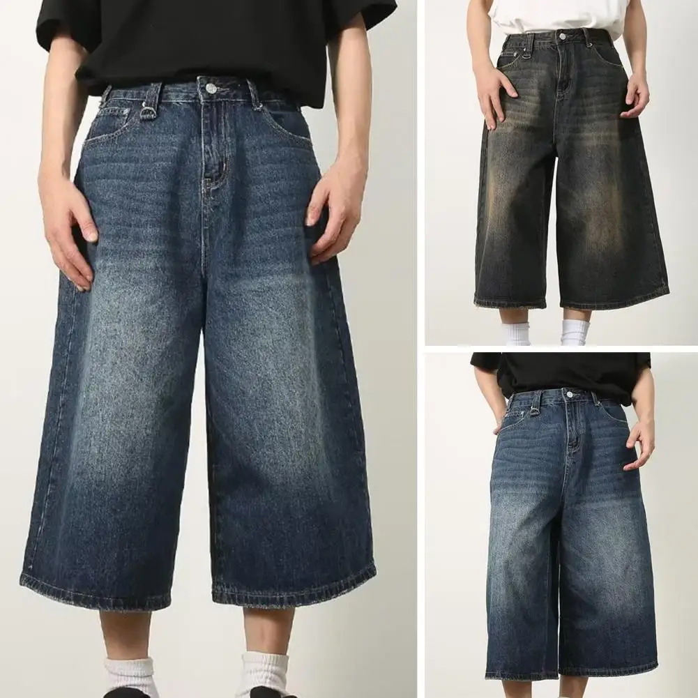 

Men Cropped Jeans Men's Mid-rise Gradient Color Cropped Jeans with Wide Leg Streetwear Denim Pants for Summer Style Straight Leg