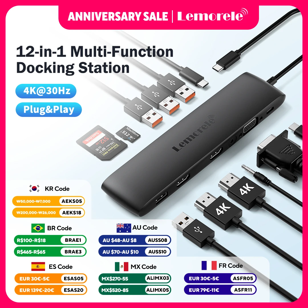 

Lemorele TC97 USB Hub USB 3.1 Dock Station USBC to Dual HDMI 4K 10Gpbs Type-C 100W Adapter VGA USBC 3.1 for MacBook Windows