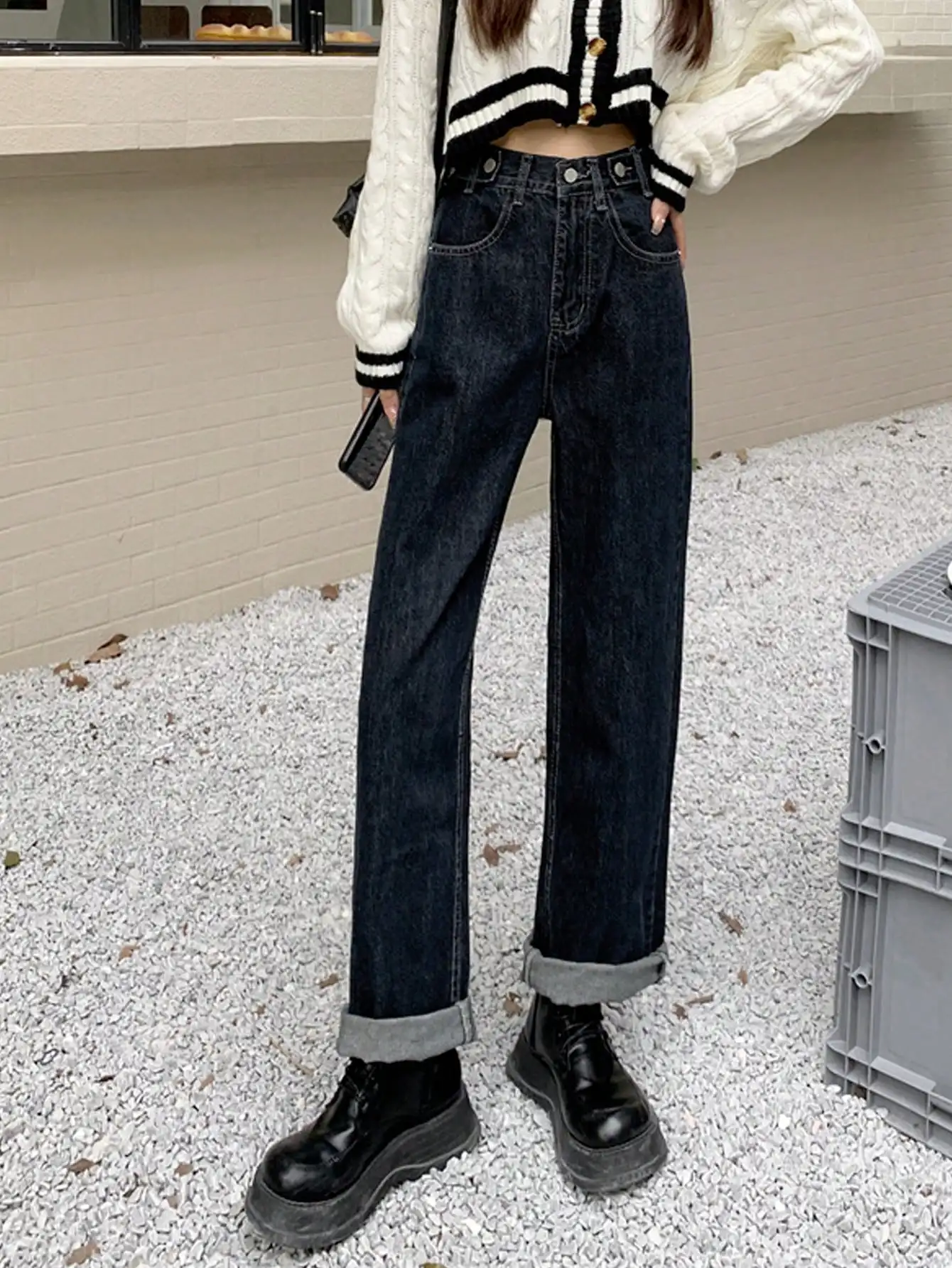 Korean Chic Autum Hong Kong Style Retro Dark Blue Straight Wide Leg Pants High-End American High Street Jeans Women's Utaga Individual Hacker