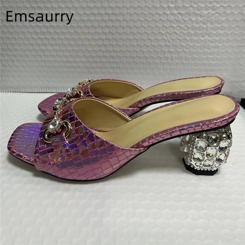 Unique Crystal Decor Chains Sandals Women Diamond Rhinestone Embellishment Strange Heel Luxury Leather Slingbacks Summer Mules