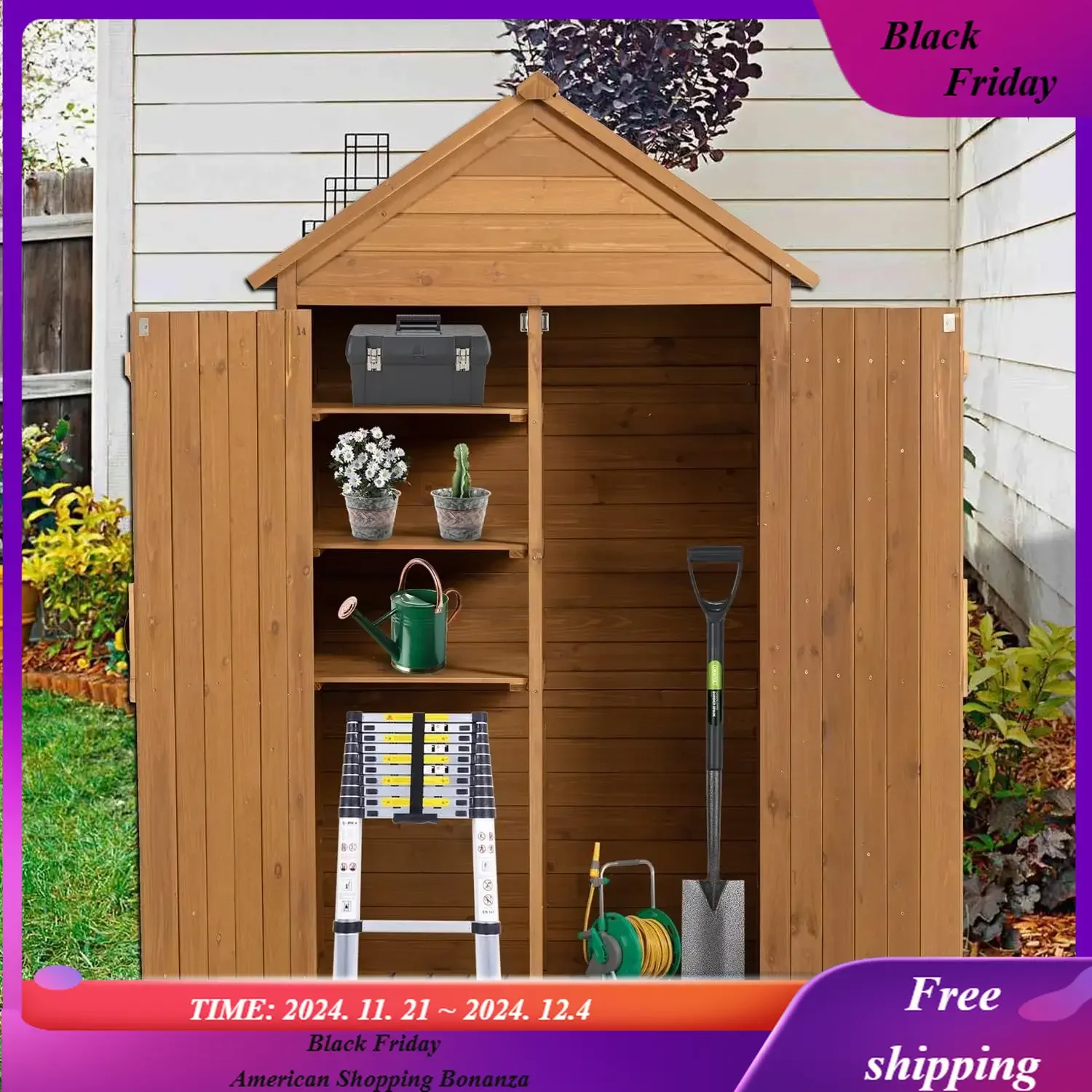 Outdoor Wooden Storage Cabinet, Garden Wood Tool Shed, Outside Wooden Shed Closet with 3 Detachable Shelves, Waterproof Roof, an