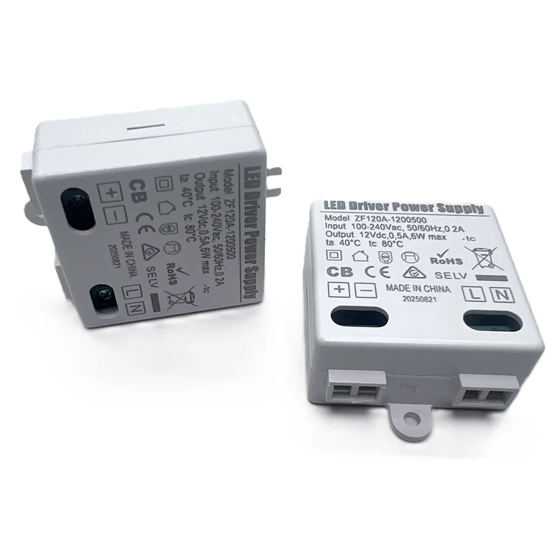2Pcs 12V 0.5A LED Power Driver ZF120A‑1200500,6W Max,100‑240V AC Input,SELV Safety,CE CB RoHS for Small LED Lighting