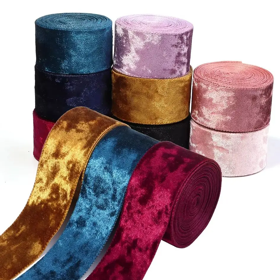 5Yards 38mm Single Face Glitter Rhinestone Velvet Ribbons Flocking Satin Ribbons Fit Birthday Wedding Gift Present Wrapping