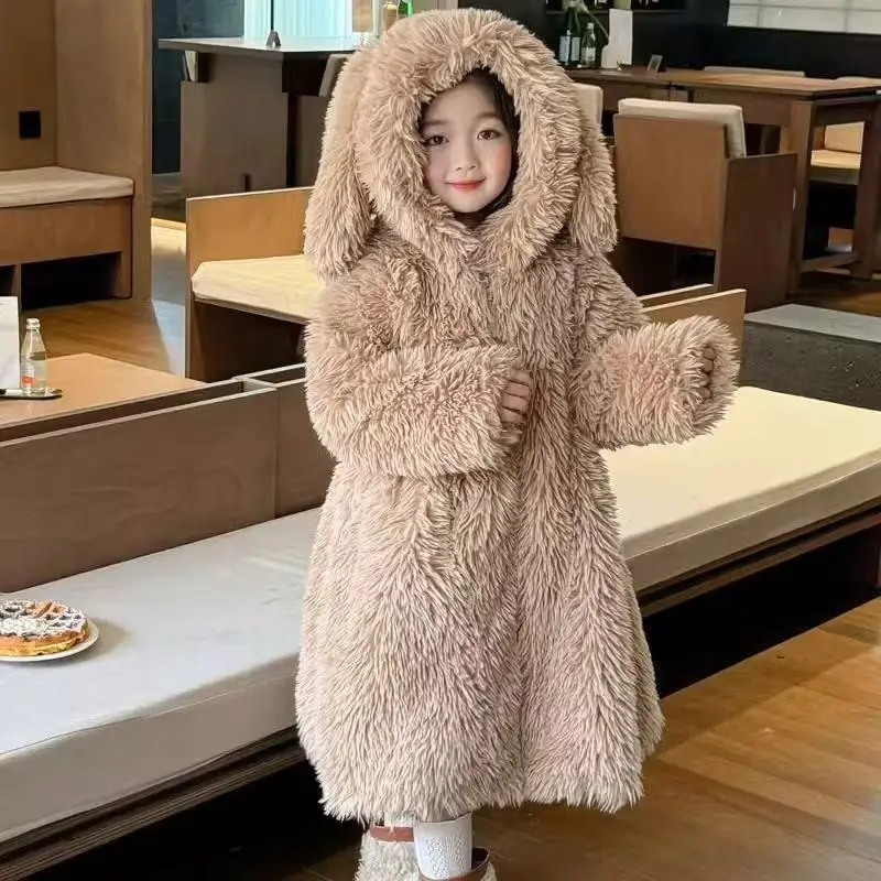 AutumnWinter Girls Fur Coat Baby Imitation Fur Coat In The Long Paragraph Little Girl Plush Bunny Paragraph Home Clothing 3-12Y