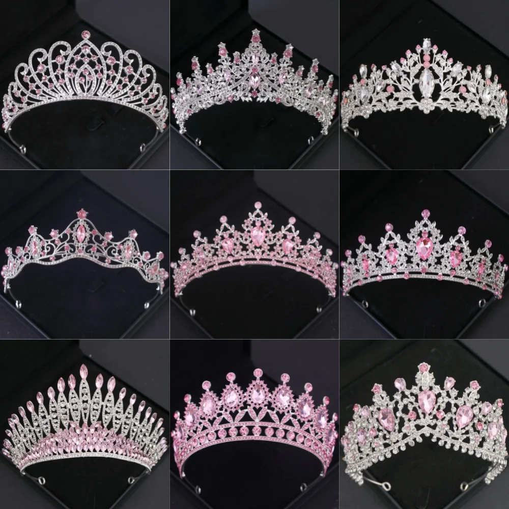 女性用ラインストーンクラウン,ピンクのティアラ,ウエディング,パーティーティアラとクラウン,ブライダルヘアアクセサリー,ジュエリーギフト