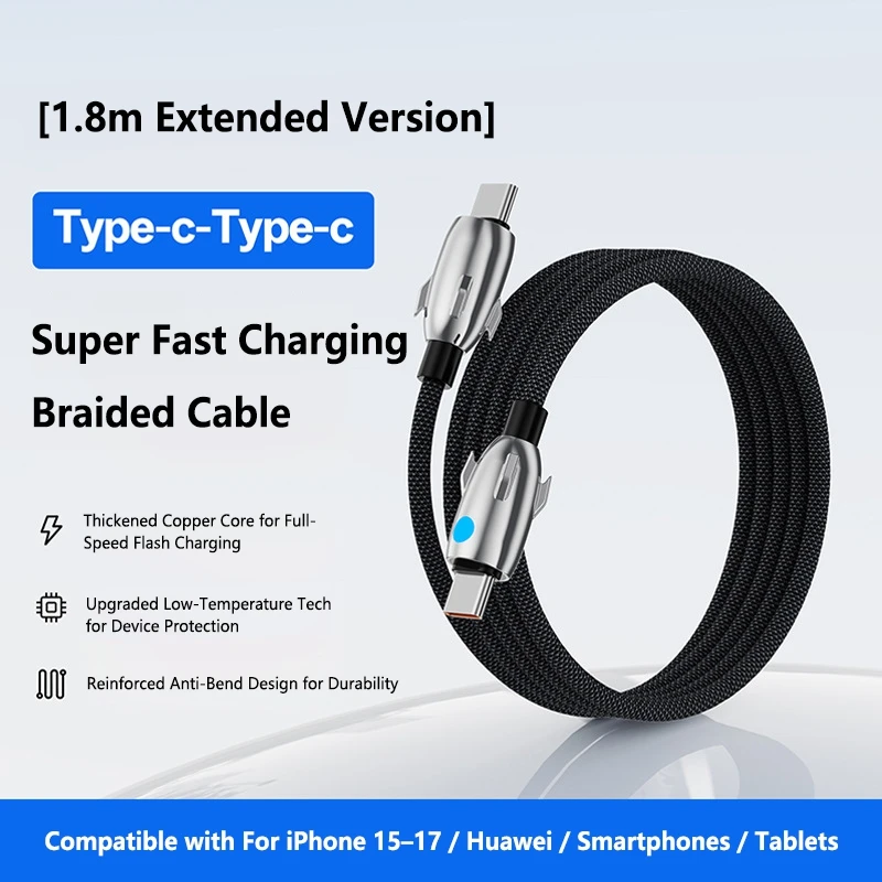 240W Schnellladekabel, geflochtenes Datenkabel, universelles Android- und USB-C-Schnellladekabel, U-zu-C, reines Kupfer, für Android, iPhone 15, 17 – Detail 13
