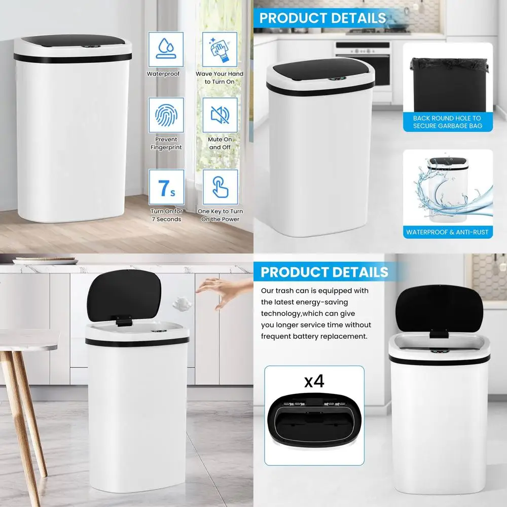 

50L Automatic Sensor Kitchen Trash Can with Lid, Ideal for Kitchen, Bathroom, and Bedroom (3-Pack, White)