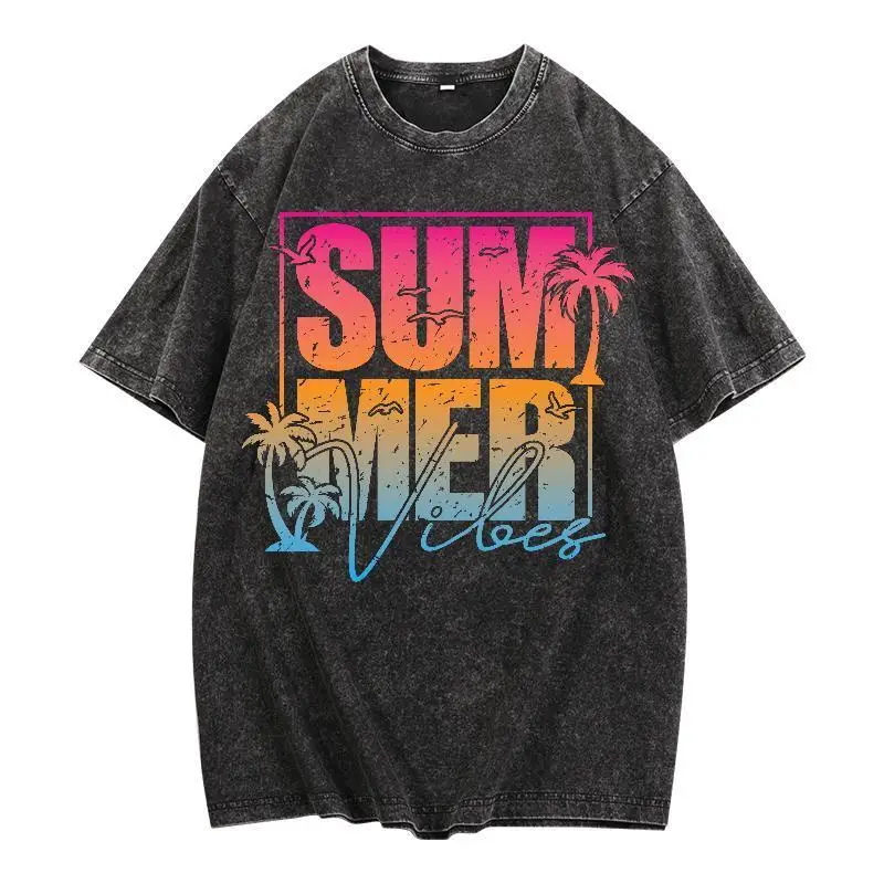 

Unisex Summer Vibes T Shirt Oversized Beach Graphic Tee Vintage Washed Palm Tree Sunset Shirt Summer Streetwear