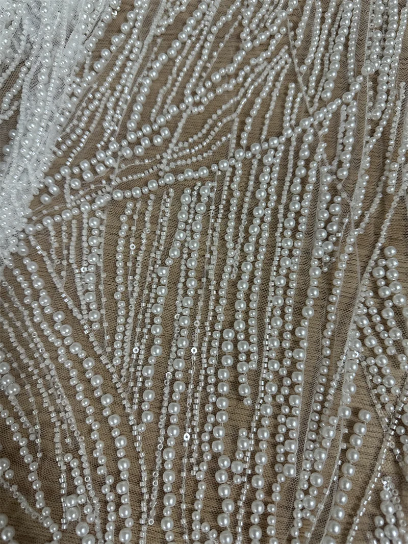 High End Unique Heavy Rich Pearls Beads Off White Wedding Gown Dress Lace Fabric Sell By 1 Yard