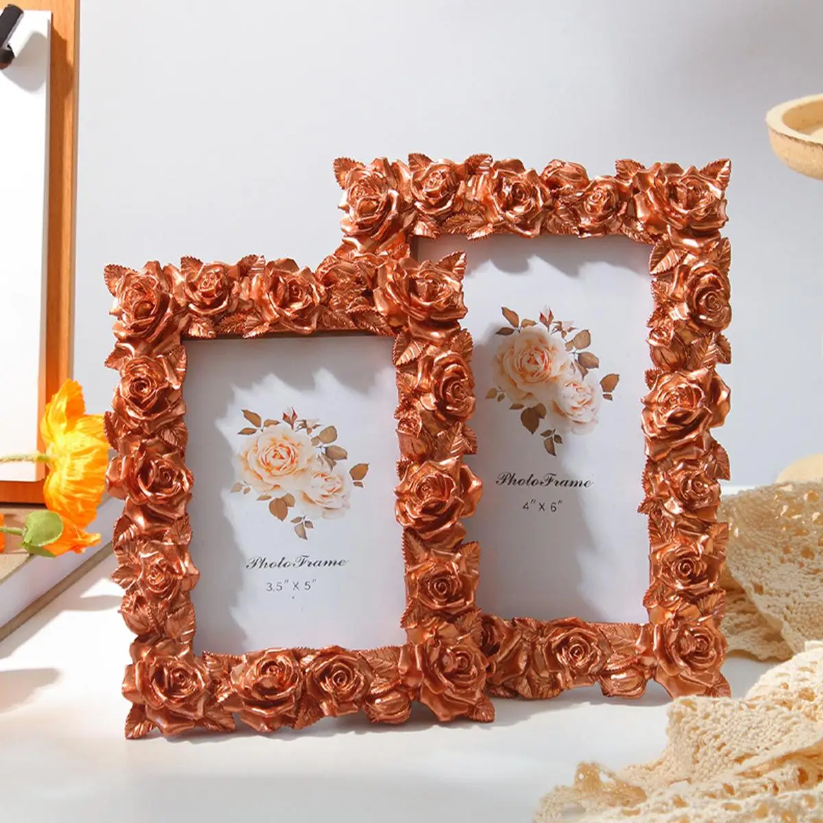 5/6/7 Inches European Retro Copper-colored Three-Dimensional Rose Photo Display Stand - Rose Engraved Relief Resin Frame