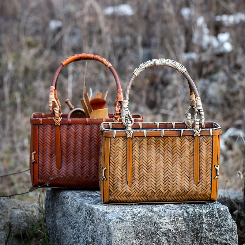 Japanese-style Bamboo Woven Storage Bags Handmade Retro Basket Chinese Style Teacup Teapot Bags Travel Outdoor Tea Cozies LA458