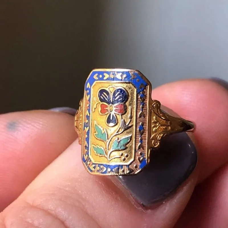 Böhmischer, eleganter Ring mit Vintage-Muster aus künstlichem Emaille für Damen, modisch, exquisit, für Bankette, Urlaub, Schmuck, Accessoires, Kunsthandwerk