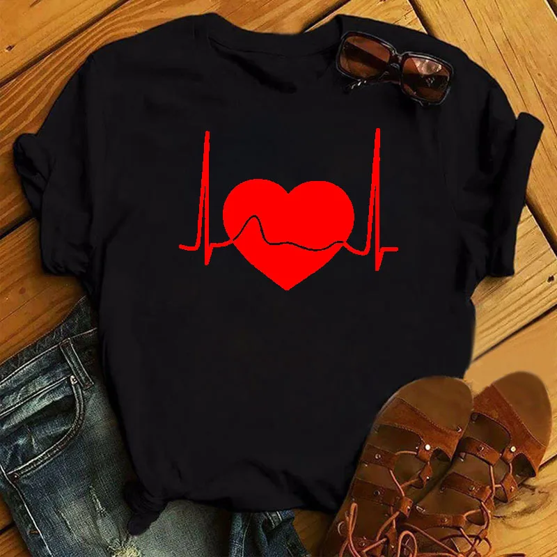 

Heartbeat Red Heart Print Women T Shirt Short Sleeve O Neck Loose Women Tshirt Ladies Tee Shirt Tops Camisetas Mujer