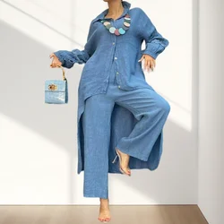 Women’s 2 Piece Outfits Casual Shirt and Pants Set Trendy Solid Color Two-Piece Outfit Irregular Hem Long Sleeve Shirt & Pants