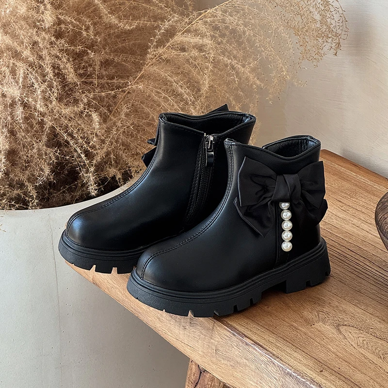 2025 Autumn Winter New Girls Princess Boots Korean Style Versatile Kids Short Boots with Big Bows Children Ankle Boots Soft Sole