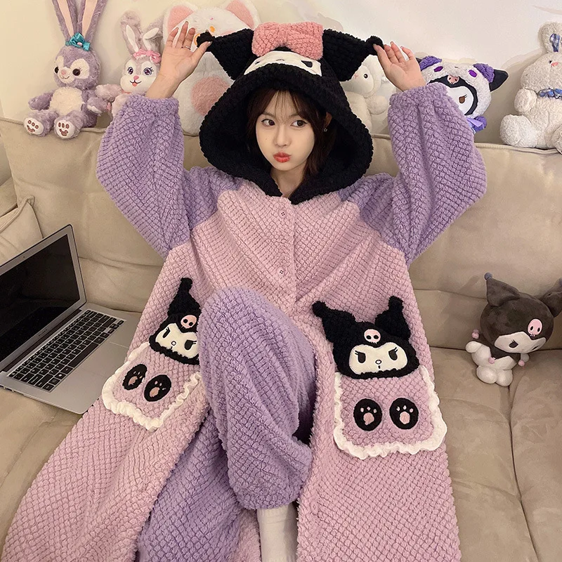 

Женский пижамный костюм в стиле аниме My Melody Kuromi Kawaii, фланелевой халат с капюшоном «Hello Kitty», осенне-зимний теплый плюшевый домашний костюм для девочек, мягкая одежда
