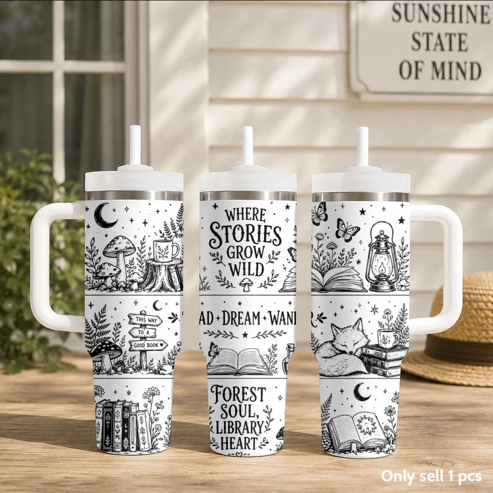 Vintage Book Lover Vacuum Flasks 40oz Portable Stainless Steel Tumbler with Handle Straw Double Wall Insulated Leakproof Mug