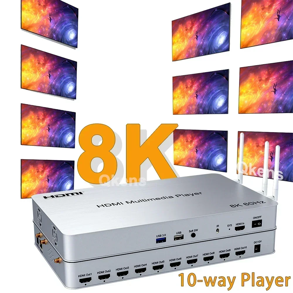 Reproductor multimedia HDMI H.265, 8K, 60Hz, caja Muitimedia de 10 vías, reproductor de vídeo USB 3,0, Android 10,0, 2K, 4K, HDMI, Wifi, USB, 1 en 10 salidas