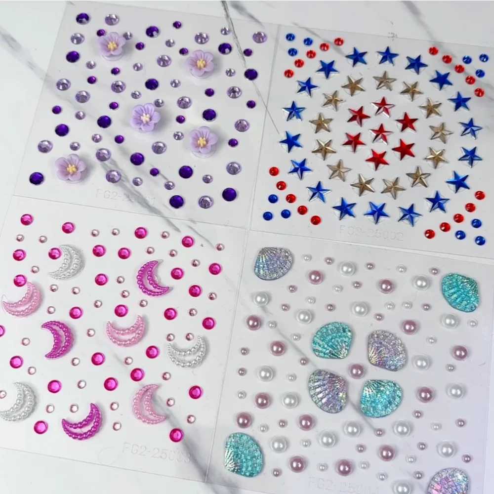 1Pcs Mermaid & Star Face Gems Stickers 3D Rhinestone Crystal Pearl Shell Star Moon Temporary Tattoo Stickers Girls Makeup Decor