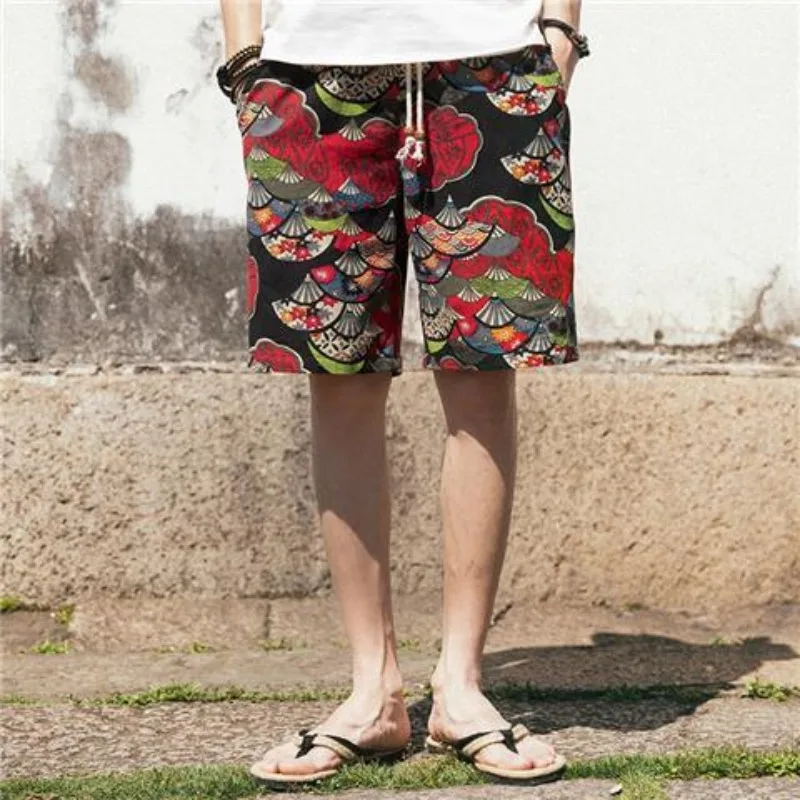 Japanese Vintage Boyfriend 2024 Summer Patchwork Elasticized Drawstring Printing Pocket for Comfortable Loose and Casual Shorts