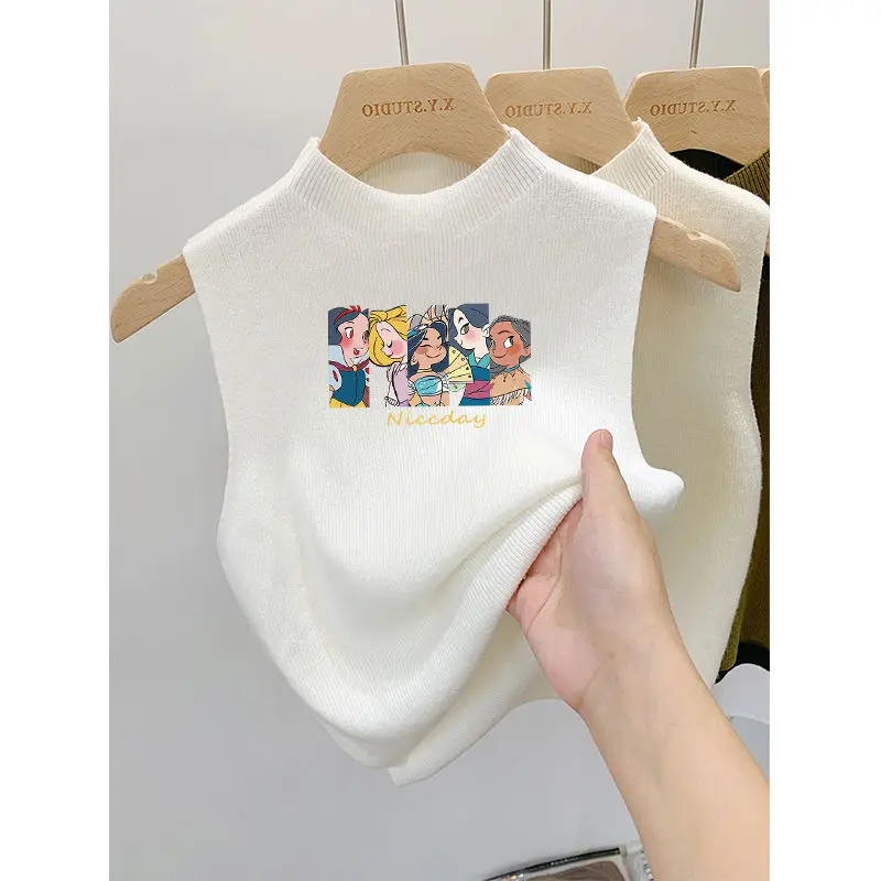 Summer Half High Collar Hottie Fashion Knitting Lady Vest 2024 Women Sleeveless Korean Youth Printing Bottoming Shirt